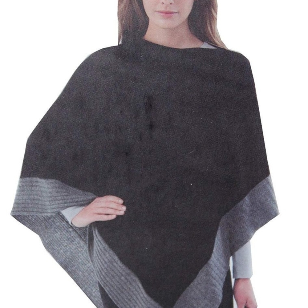 Celeste Women's Poncho Cashemere Wool Blend Black Gray Two Tone One Size